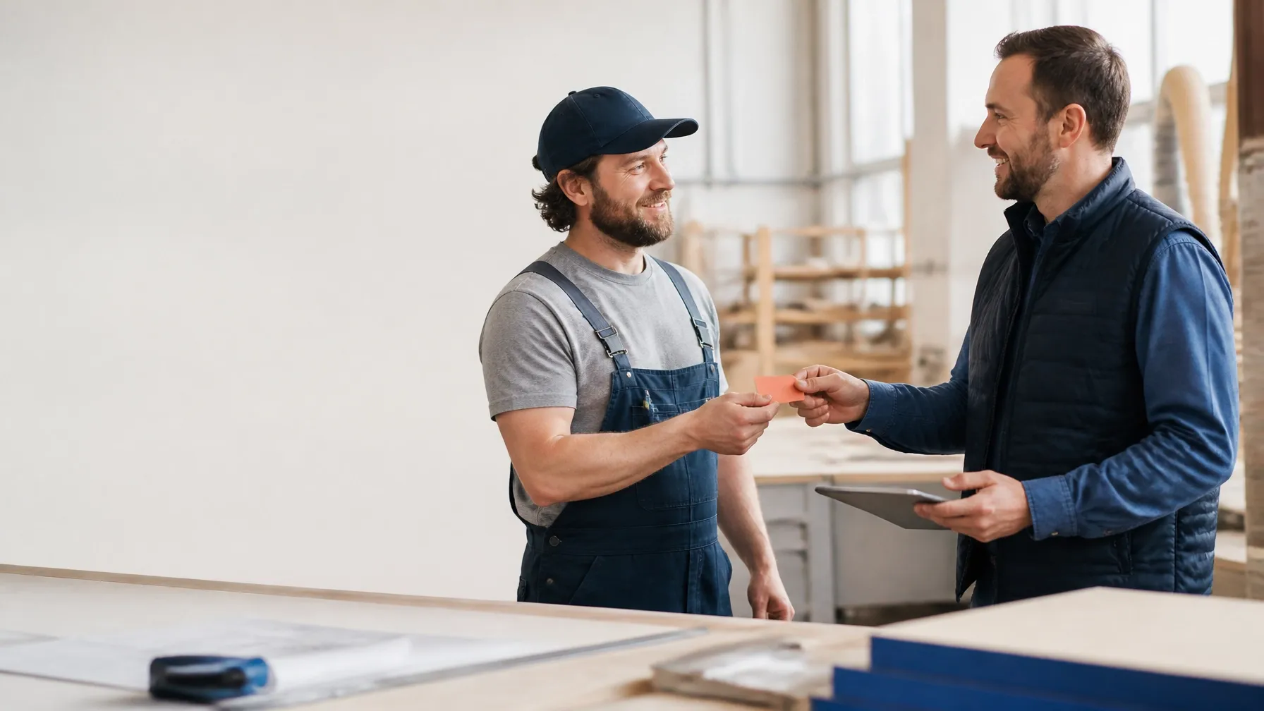 A distributor representative handing a rewards card to a contractor in a bright workshop